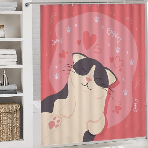 Kuizee 4-Piece Little Cat with Hearts Shower Curtain Set