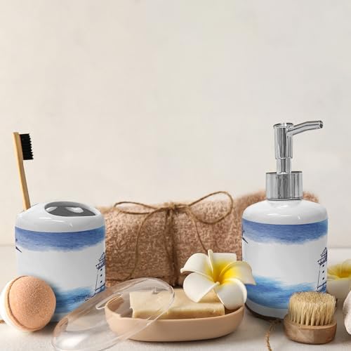 Ambesonne Lighthouse Ceramic Soap Toothbrush Holder Set Blue and White