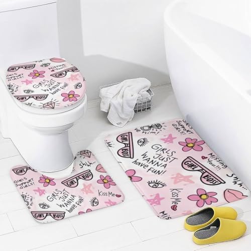 Kuizee 4-Piece Shower Curtain Set with Pink Flower Doodle Rugs