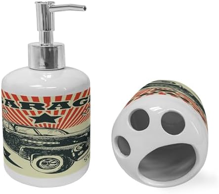 Ambesonne Ceramic Soap Toothbrush Holder Set Retro Advertising Poster Style Emerald Orange