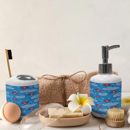 Ambesonne Ladybugs Soap Dispenser Toothbrush Holder Set Blue Red