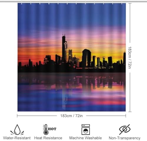 Kuizee 4-Piece Shower Curtain Set with Rugs Modern City Sunset Silhouette