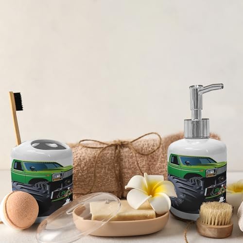 Ambesonne Giant Monster Truck Soap Dispenser Toothbrush Holder Set 2 Pcs Green Grey