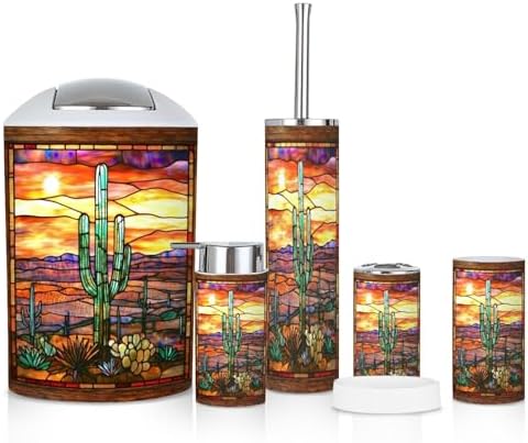 6 Piece Bathroom Accessories Set Textured Sunset Cactus Art