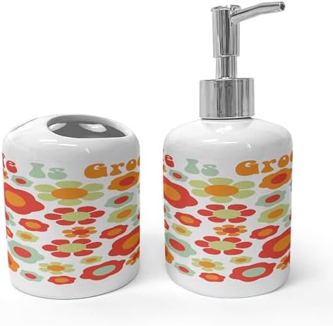 Ambesonne Groovy Soap Toothbrush Holder Set Mint Green Orange Red