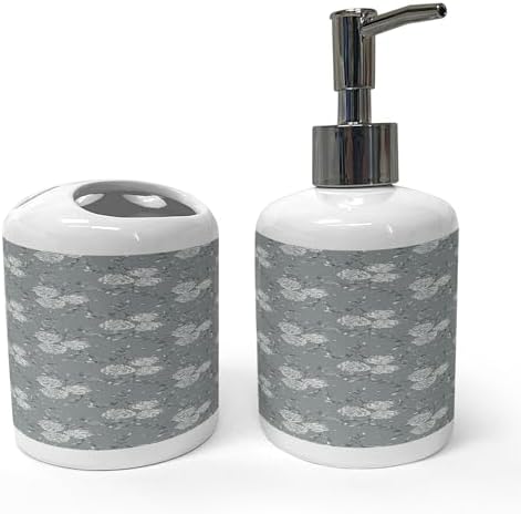 Ambesonne Ceramic Soap Toothbrush Holder Set Grey White
