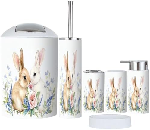 Boho Bathroom Accessory Set 6 Piece with Cute Bunnies and Flowers