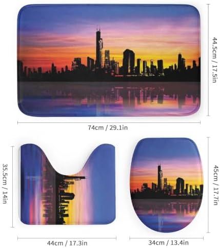 Kuizee 4-Piece Shower Curtain Set with Rugs Modern City Sunset Silhouette