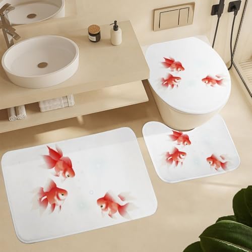 Kuizee 4-Piece Shower Curtain Set with Rugs Red Goldfish Design