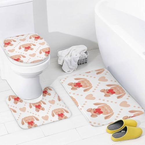 Kuizee Bunny Heart Shower Curtain Set with 4 Piece Rugs