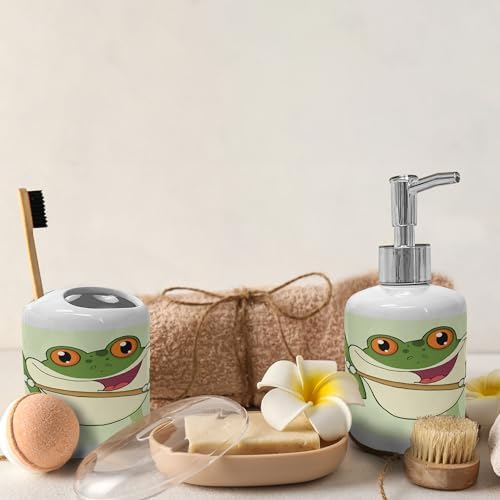 Ambesonne Frogs Soap Dispenser Toothbrush Holder Set