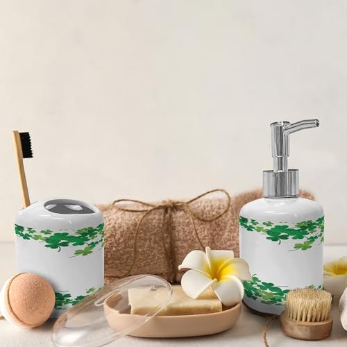 Ambesonne Clover Soap Dispenser Toothbrush Holder Set 2 Pcs Green Fern Green