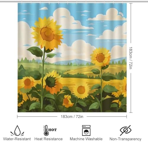 Kuizee 4-Piece Shower Curtain Set with Rugs Sunflower Field