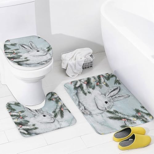 Kuizee 4 Piece White Hare Snow Shower Set with Rugs and 12 Hooks