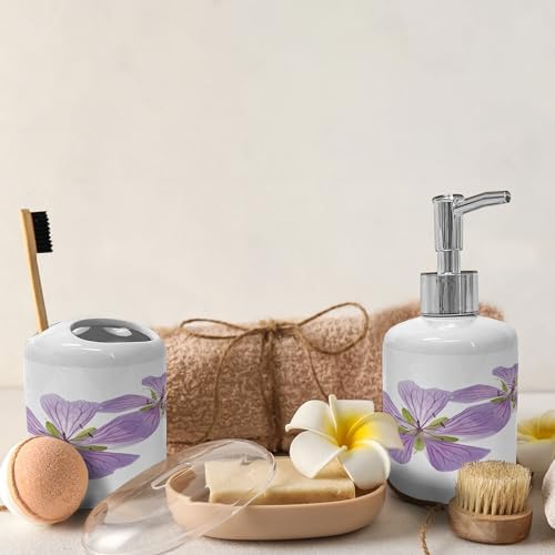 Ambesonne Geraniums Soap Dispenser Toothbrush Holder Set - 2 Pcs White Lavender