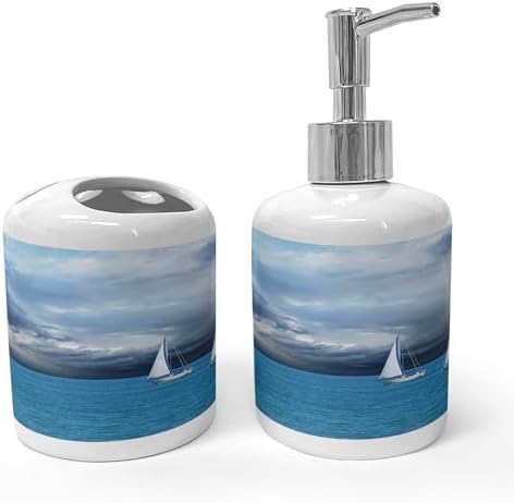 Ambesonne Ceramic Soap Toothbrush Holder Set Blue Grey Blue White