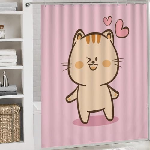 Kuizee 4-Piece Cute Cat Rabbit Shower Curtain Set with Non-Slip Rugs