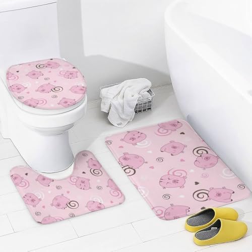 Kuizee 4-Piece Pig Spiral Pink Shower Curtain Set with Non-Slip Rugs