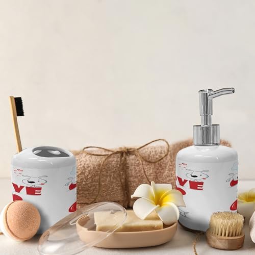Ambesonne Funny Dog Heart Soap Dispenser Toothbrush Holder Set 2 Pcs Red White