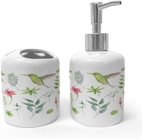 Ambesonne Hummingbird Soap Dispenser Toothbrush Holder Set 2 Pcs White Apple Green