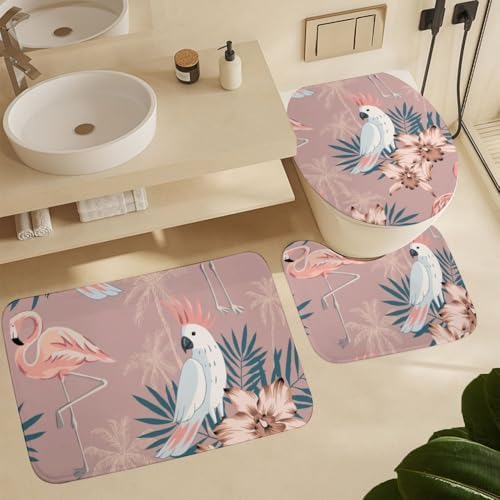 Kuizee Tropical Pink Flamingo Shower Curtain Set with Rugs 4 Pieces