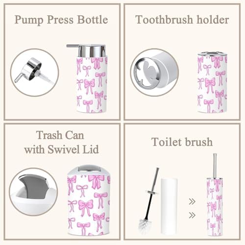 6-Piece Bathroom Accessories Set with Pink Bow Ribbon