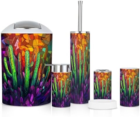 Modern Stained Glass Neon Cacti Bathroom Accessories Set