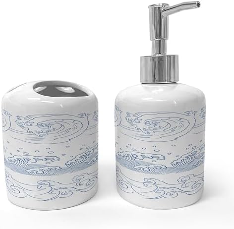 Ambesonne Nautical Soap Toothbrush Holder Set Blue White Monochrome Design