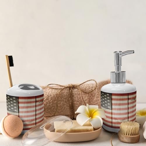 Ambesonne USA Flag Soap Toothbrush Holder Set 2 Pcs Blue Red