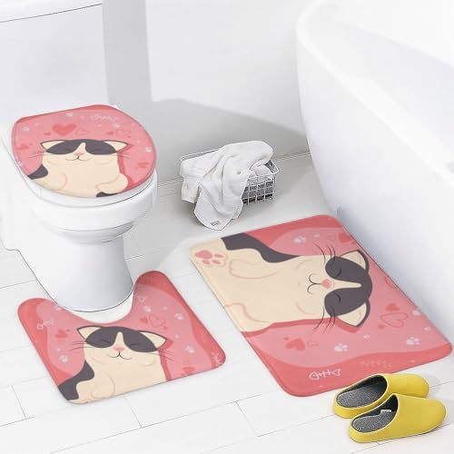 Kuizee 4-Piece Little Cat with Hearts Shower Curtain Set