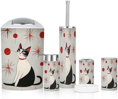 6 Piece Bathroom Accessories Set with Cats Print 1