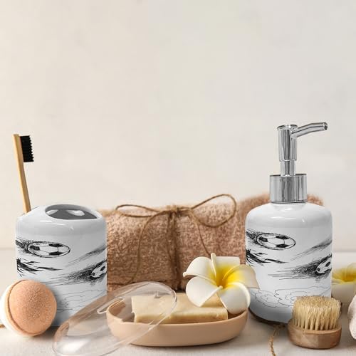 Ambesonne Soccer Soap Dispenser Toothbrush Holder Set