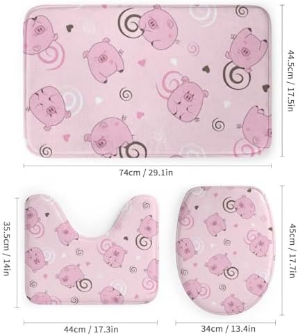 Kuizee 4-Piece Pig Spiral Pink Shower Curtain Set with Non-Slip Rugs