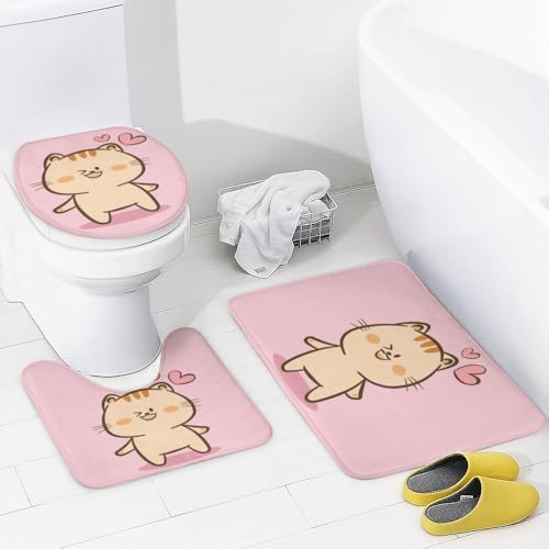 Kuizee 4-Piece Cute Cat Rabbit Shower Curtain Set with Non-Slip Rugs