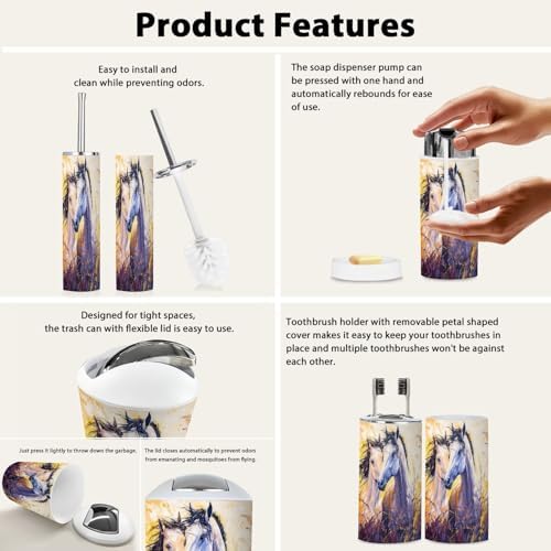 Boho Oil Canvas Horses Bathroom Accessory Set of 6