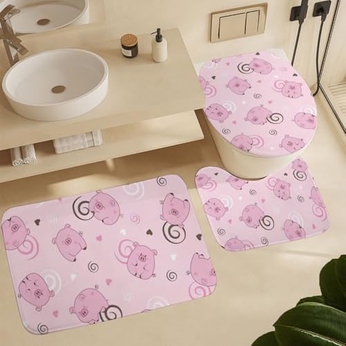 Kuizee 4-Piece Pig Spiral Pink Shower Curtain Set with Non-Slip Rugs