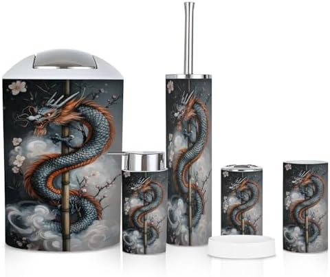 6 Piece Bathroom Accessories Set with Dragon Plum Blossoms Design