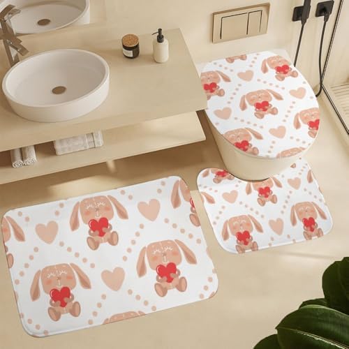 Kuizee Bunny Heart Shower Curtain Set with 4 Piece Rugs