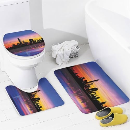 Kuizee 4-Piece Shower Curtain Set with Rugs Modern City Sunset Silhouette