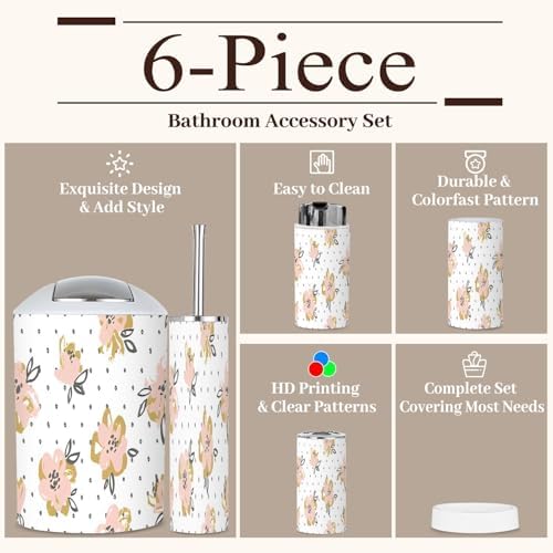 6 Piece Bathroom Accessory Set Pink Gold Floral Design