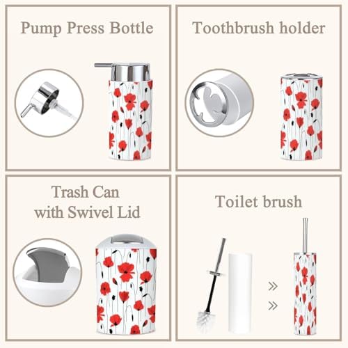 6 Piece Red Flower Bathroom Accessories Set