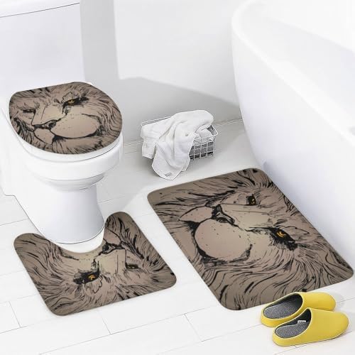 Kuizee 4 Piece Grunge Abstract Lion Shower Curtain Set with Non-Slip Rugs