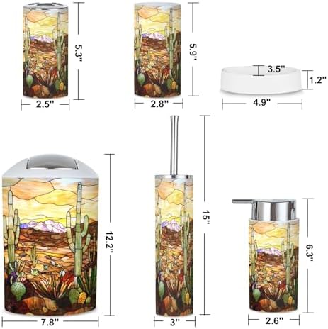 6 Piece Bathroom Accessories Set with Desert Cacti Stained Glass Design
