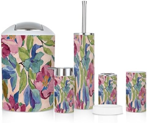 6-Piece Boho Bathroom Accessories Set with Tropical Flowers