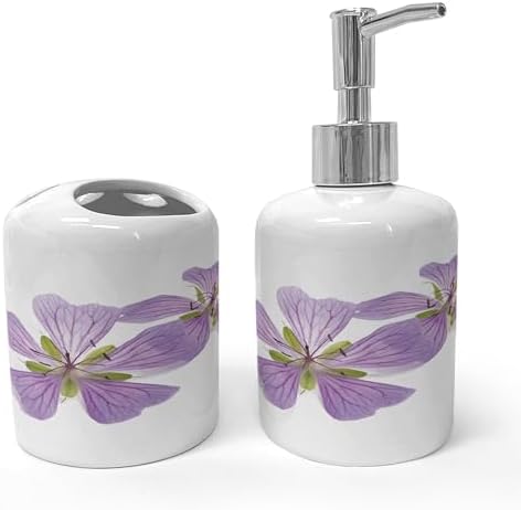 Ambesonne Geraniums Soap Dispenser Toothbrush Holder Set - 2 Pcs White Lavender