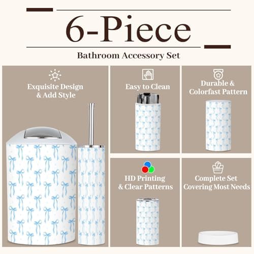Coquette 6-Piece Bathroom Accessories Set with Blue Ribbon Bow Design