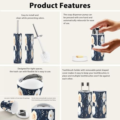 Boho Bathroom Accessory Set 6 Piece Blue Navy White