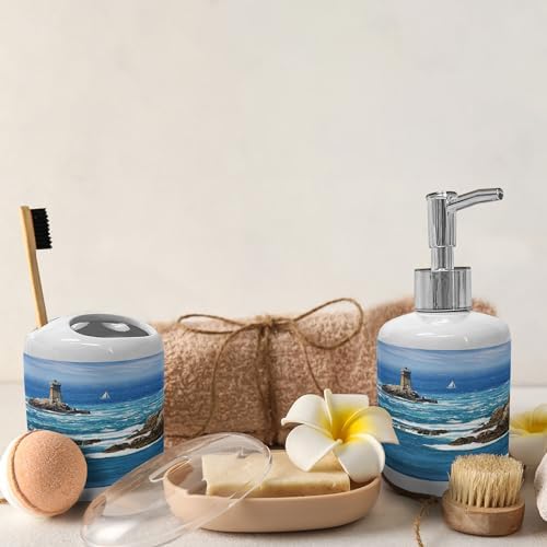 Ambesonne Lighthouse Soap Toothbrush Holder Set Ceramic 2 Pcs Blue Grey White