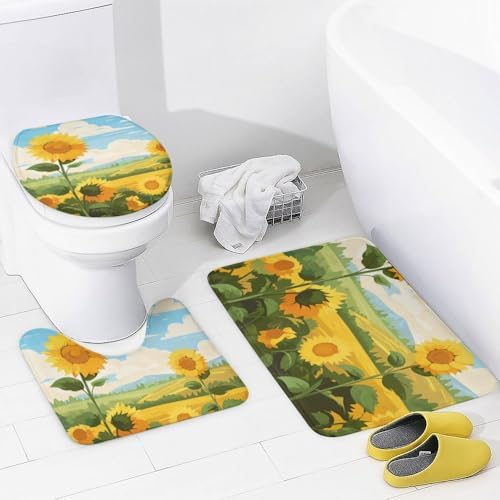Kuizee 4-Piece Shower Curtain Set with Rugs Sunflower Field