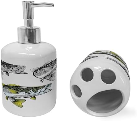 Ambesonne Bass Fish Soap Dispenser Toothbrush Holder Set 2 Pcs